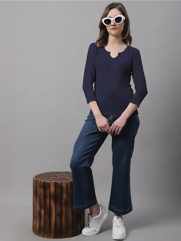 Navy_Blue_Cotton_Rib_V-Neck_Regular_Top_For_Women