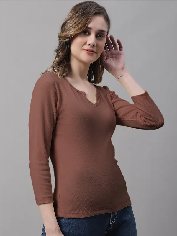 Brown_Cotton_Rib_V-Neck_Regular_Top_For_Women