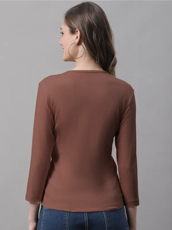 Brown_Cotton_Rib_V-Neck_Regular_Top_For_Women