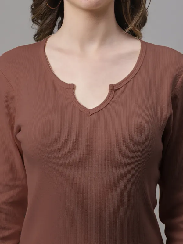 Brown_Cotton_Rib_V-Neck_Regular_Top_For_Women
