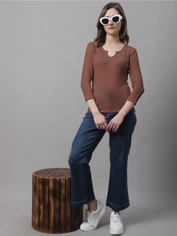 Brown_Cotton_Rib_V-Neck_Regular_Top_For_Women