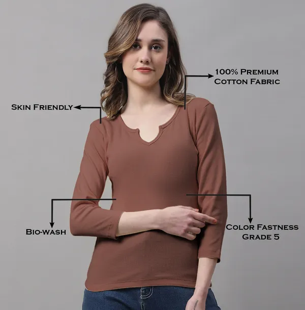Brown_Cotton_Rib_V-Neck_Regular_Top_For_Women