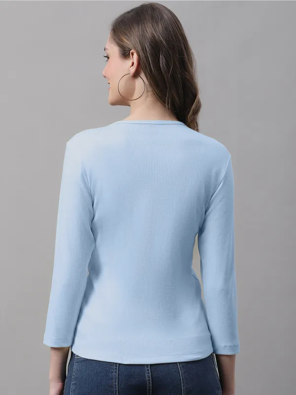 Turquoise_Cotton_Rib_V-Neck_Regular_Top_For_Women