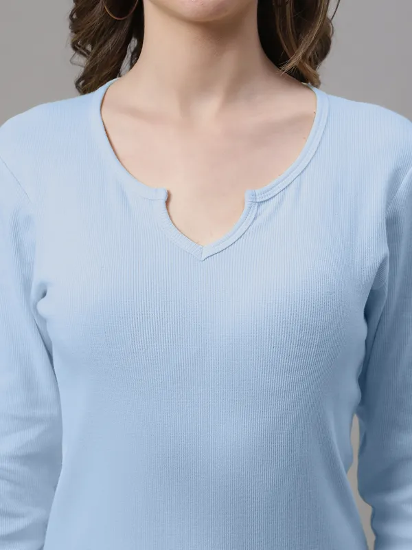 Turquoise_Cotton_Rib_V-Neck_Regular_Top_For_Women