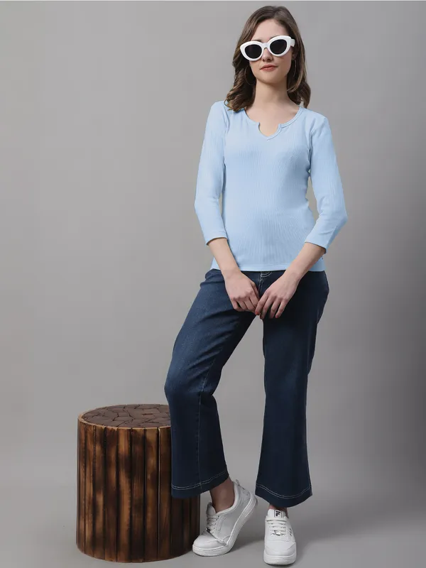 Turquoise_Cotton_Rib_V-Neck_Regular_Top_For_Women
