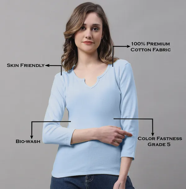 Turquoise_Cotton_Rib_V-Neck_Regular_Top_For_Women