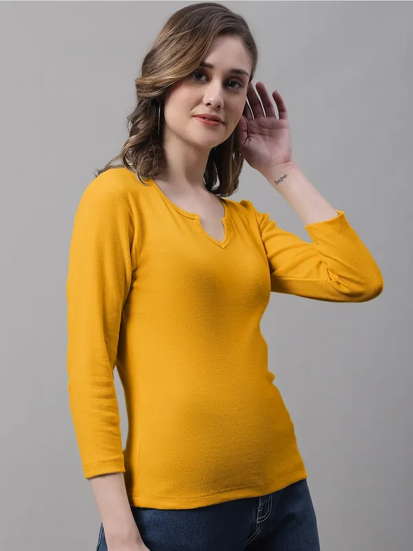Gold_Cotton_Rib_V-Neck_Regular_Top_For_Women