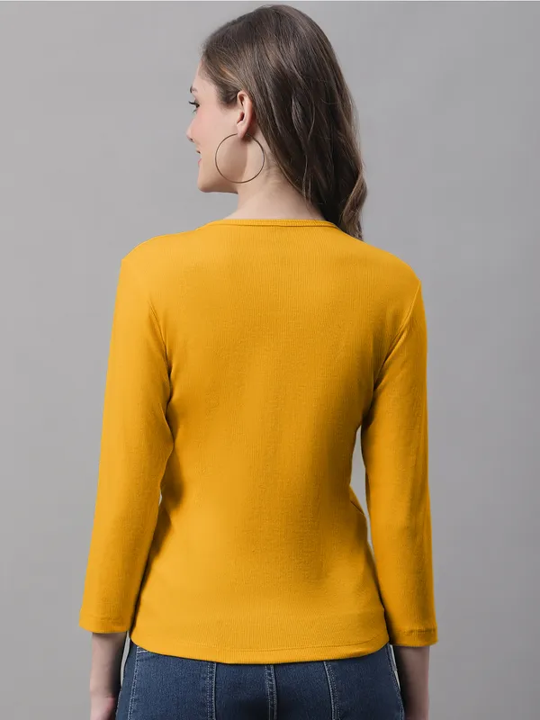 Gold_Cotton_Rib_V-Neck_Regular_Top_For_Women