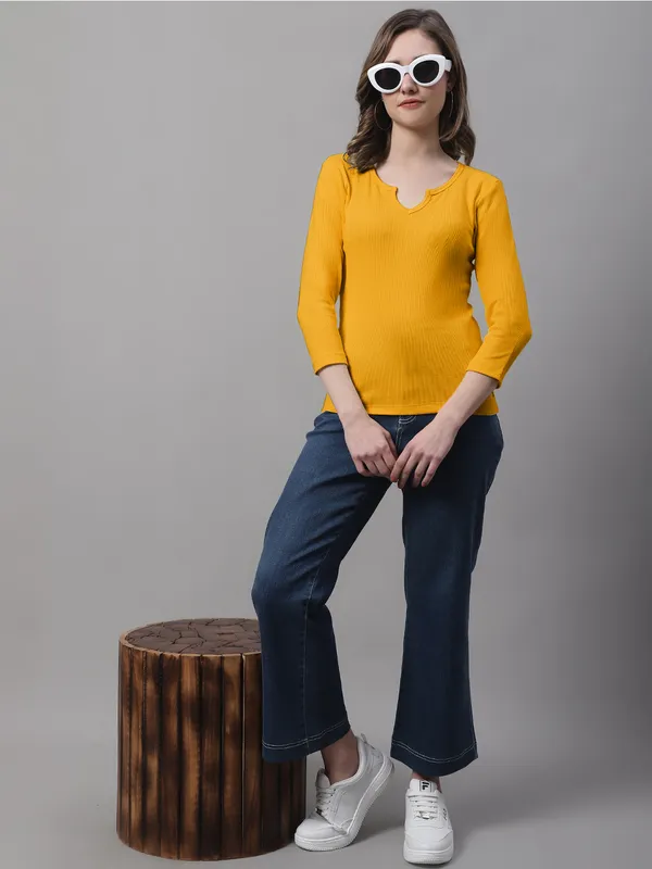 Gold_Cotton_Rib_V-Neck_Regular_Top_For_Women