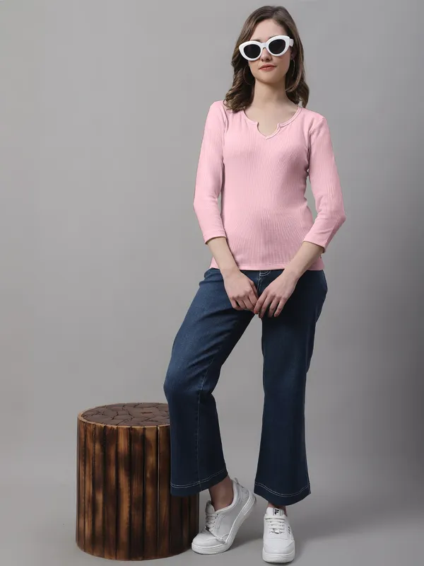 Coral_Cotton_Rib_V-Neck_Regular_Top_For_Women