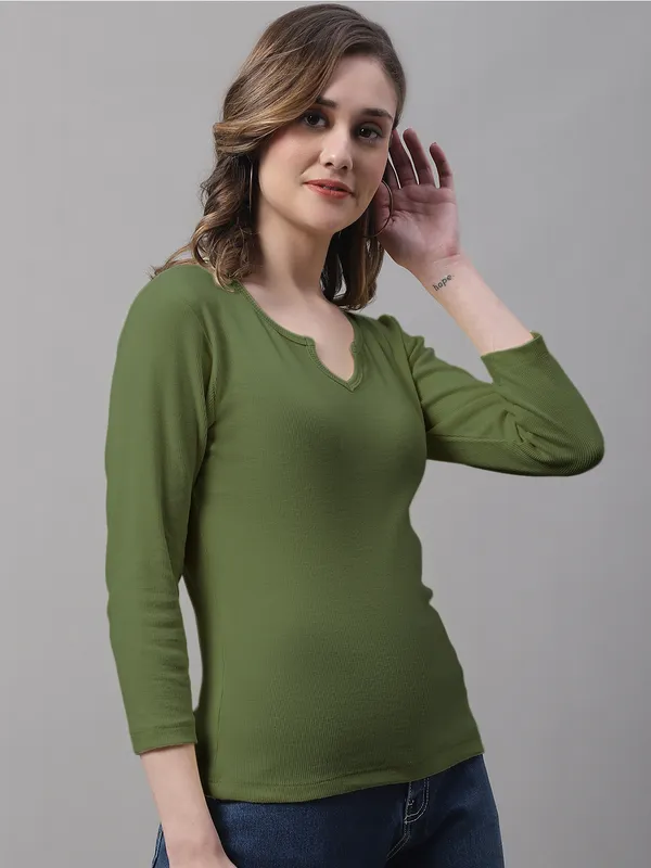 Olive_Cotton_Rib_V-Neck_Regular_Top_For_Women