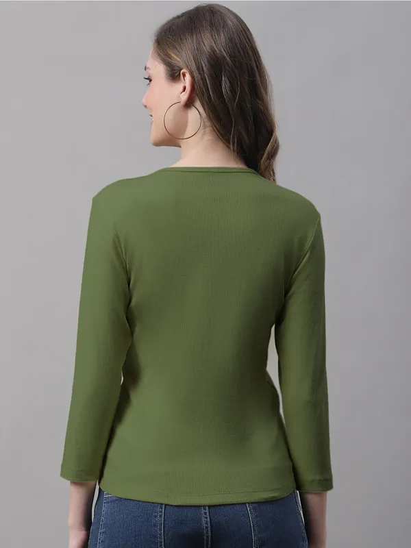 Olive_Cotton_Rib_V-Neck_Regular_Top_For_Women