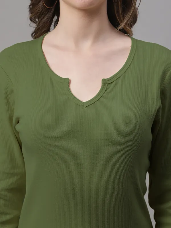 Olive_Cotton_Rib_V-Neck_Regular_Top_For_Women