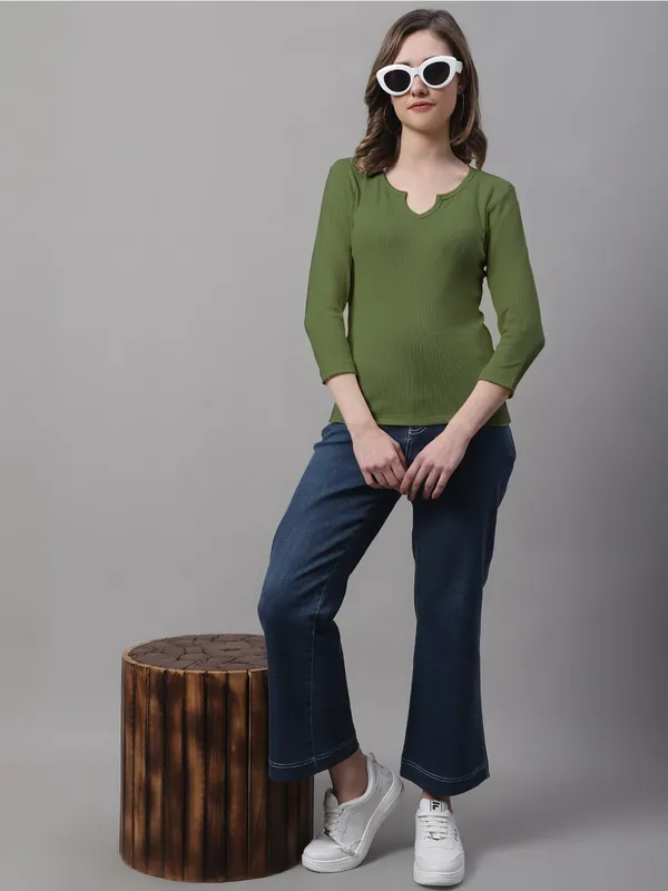 Olive_Cotton_Rib_V-Neck_Regular_Top_For_Women