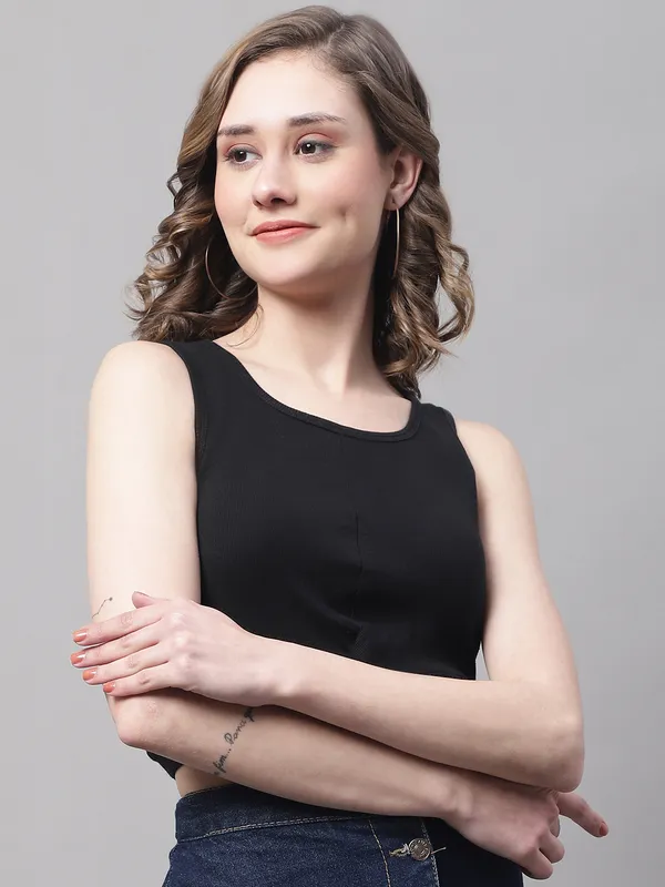 Black_Cotton_Rib_Round_Neck_Sleeveless_Knot_Top_For_Women