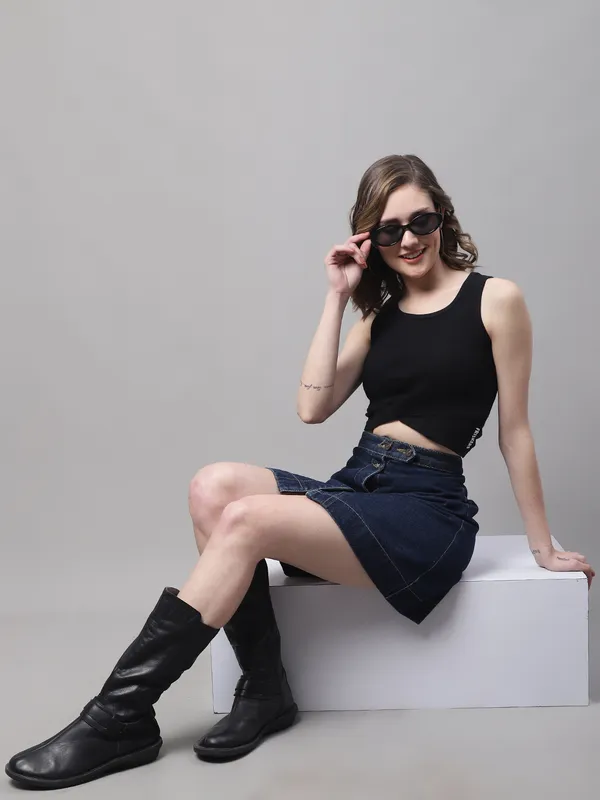 Black_Cotton_Rib_Round_Neck_Sleeveless_Knot_Top_For_Women