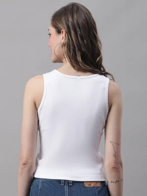 White_Cotton_Rib_Round_Neck_Sleeveless_Knot_Top_For_Women