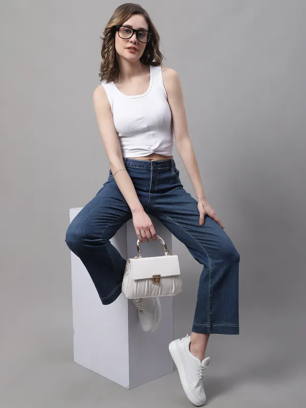 White_Cotton_Rib_Round_Neck_Sleeveless_Knot_Top_For_Women