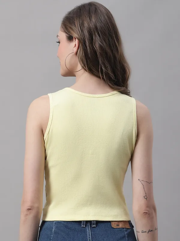 Yellow_Cotton_Rib_Round_Neck_Sleeveless_Knot_Top_For_Women