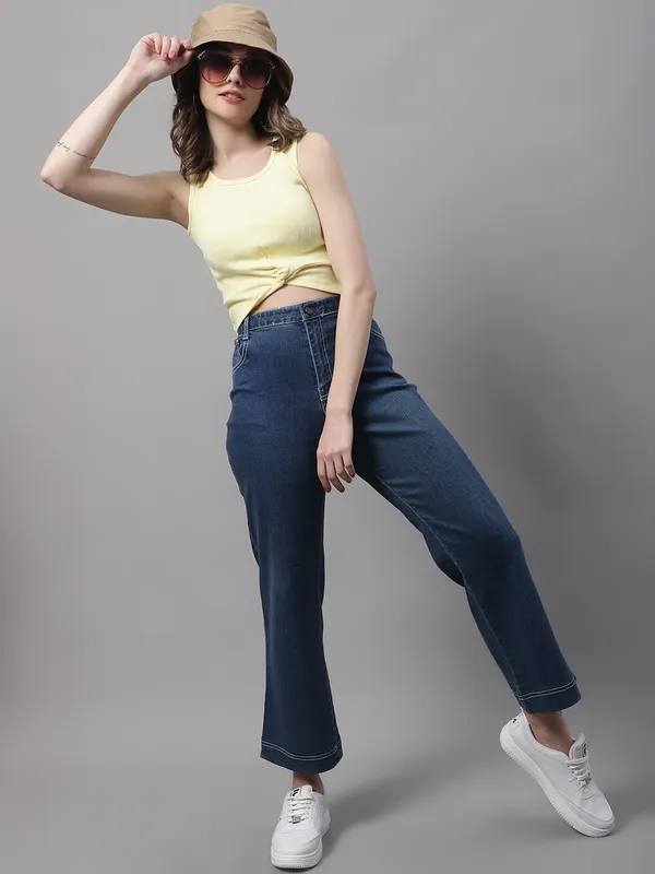 Yellow_Cotton_Rib_Round_Neck_Sleeveless_Knot_Top_For_Women