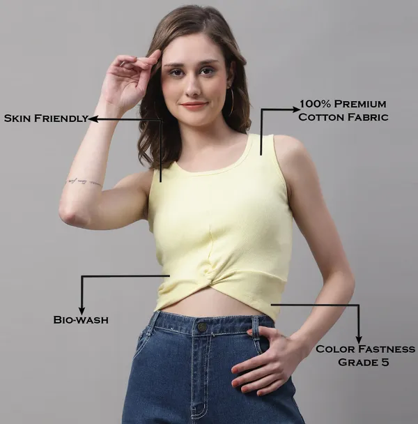 Yellow_Cotton_Rib_Round_Neck_Sleeveless_Knot_Top_For_Women