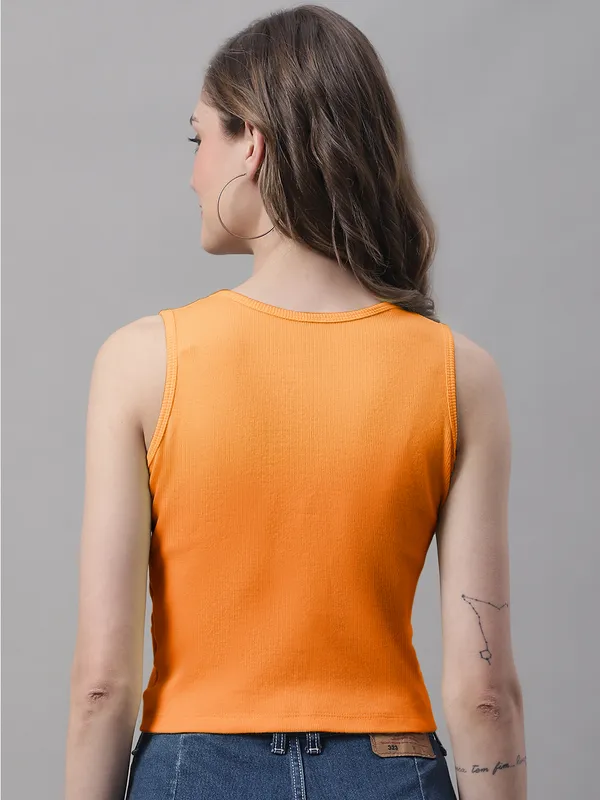 Orange_Cotton_Rib_Round_Neck_Sleeveless_Knot_Top_For_Women