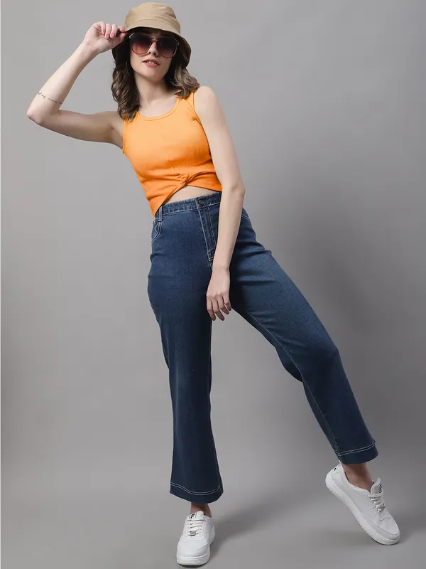 Orange_Cotton_Rib_Round_Neck_Sleeveless_Knot_Top_For_Women