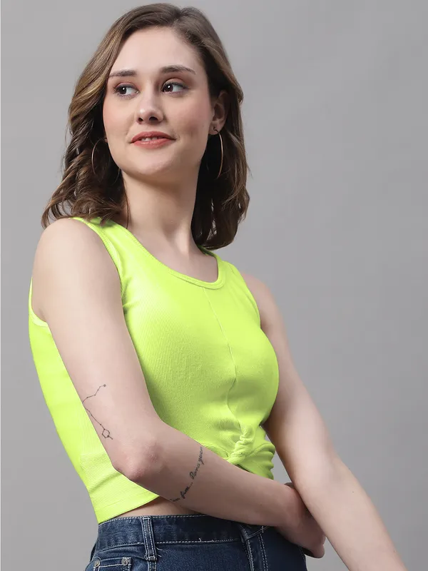 Parrot_Green_Cotton_Rib_Round_Neck_Sleeveless_Knot_Top_For_Women