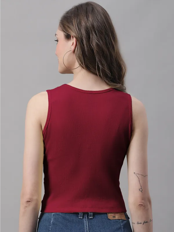 Maroon_Cotton_Rib_Round_Neck_Sleeveless_Knot_Top_For_Women