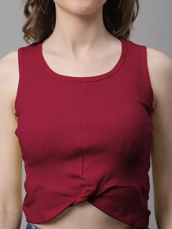 Maroon_Cotton_Rib_Round_Neck_Sleeveless_Knot_Top_For_Women