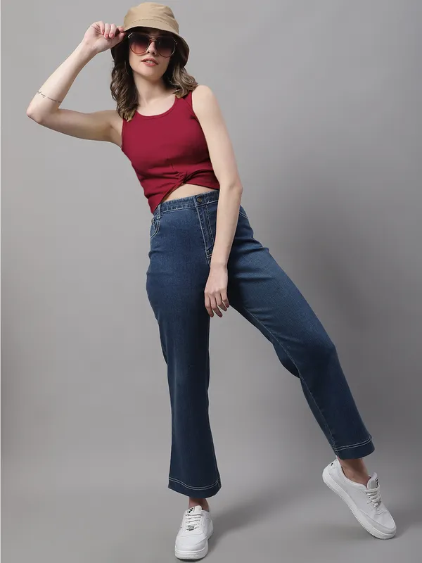 Maroon_Cotton_Rib_Round_Neck_Sleeveless_Knot_Top_For_Women