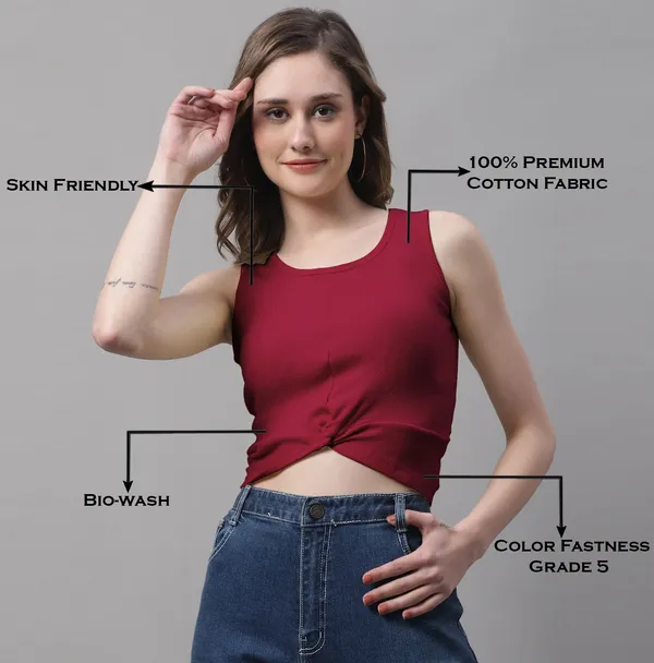 Maroon_Cotton_Rib_Round_Neck_Sleeveless_Knot_Top_For_Women