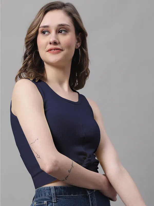 Navy_Cotton_Rib_Round_Neck_Sleeveless_Knot_Top_For_Women