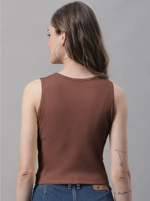 Brown_Cotton_Rib_Round_Neck_Sleeveless_Knot_Top_For_Women