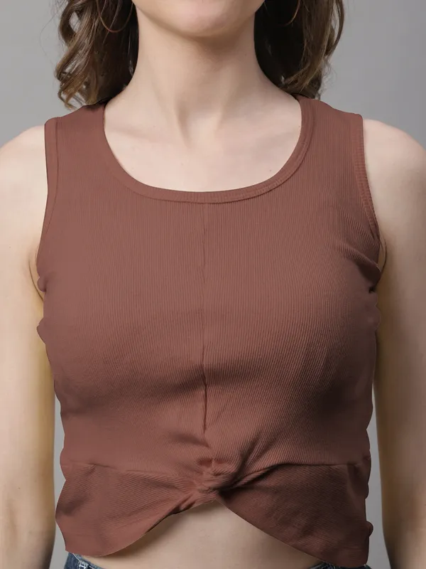 Brown_Cotton_Rib_Round_Neck_Sleeveless_Knot_Top_For_Women