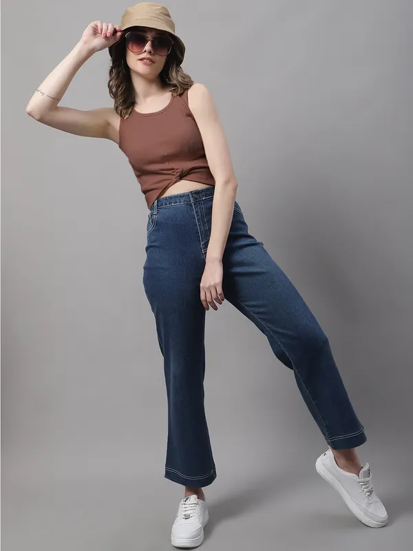 Brown_Cotton_Rib_Round_Neck_Sleeveless_Knot_Top_For_Women