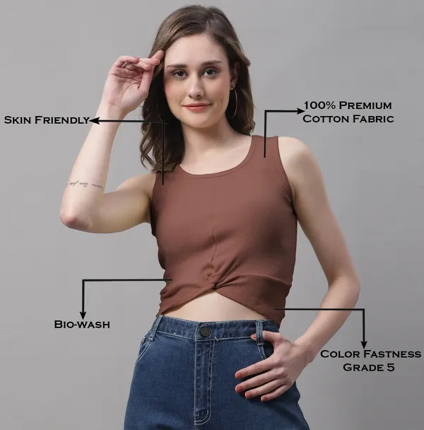 Brown_Cotton_Rib_Round_Neck_Sleeveless_Knot_Top_For_Women