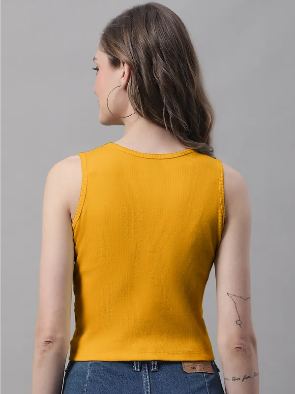 Gold_Cotton_Rib_Round_Neck_Sleeveless_Knot_Top_For_Women