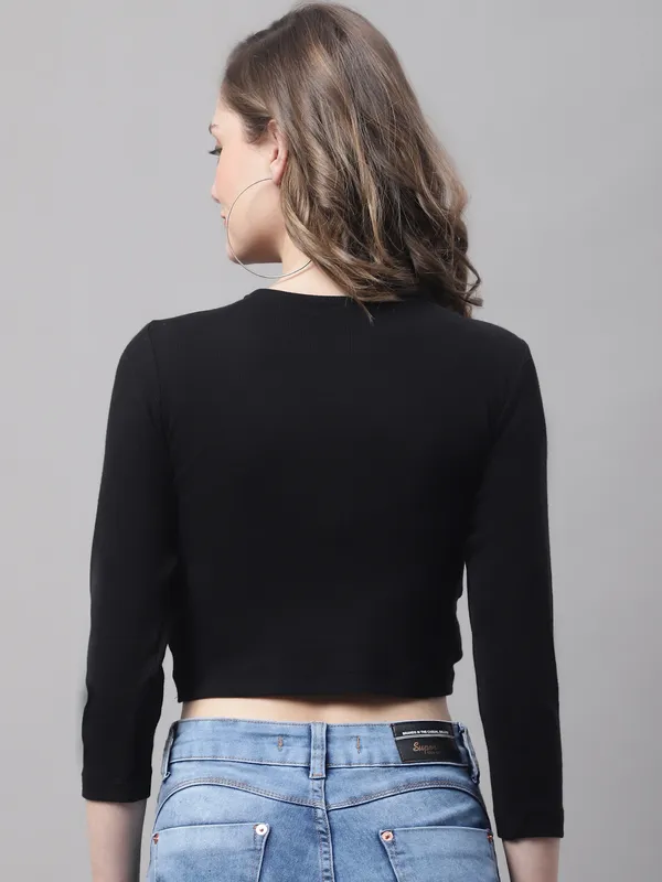 Black_Cotton_Rib_Round_Neck_Knot_Top_For_Women