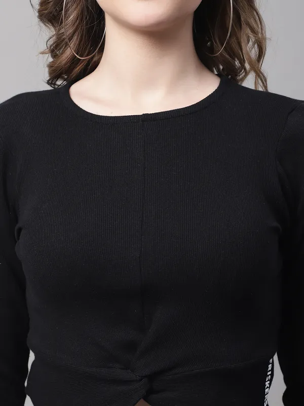 Black_Cotton_Rib_Round_Neck_Knot_Top_For_Women