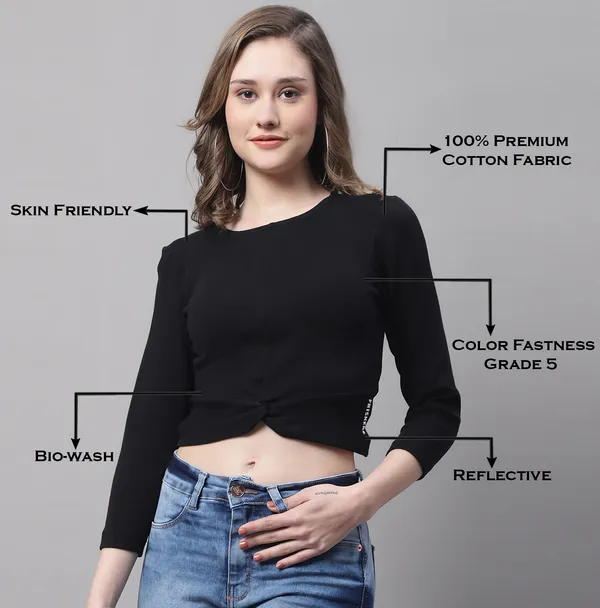 Black_Cotton_Rib_Round_Neck_Knot_Top_For_Women