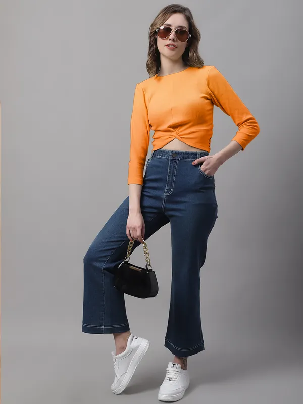 Orange_Cotton_Rib_Round_Neck_Knot_Top_For_Women
