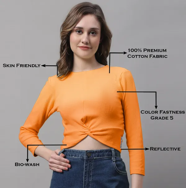 Orange_Cotton_Rib_Round_Neck_Knot_Top_For_Women