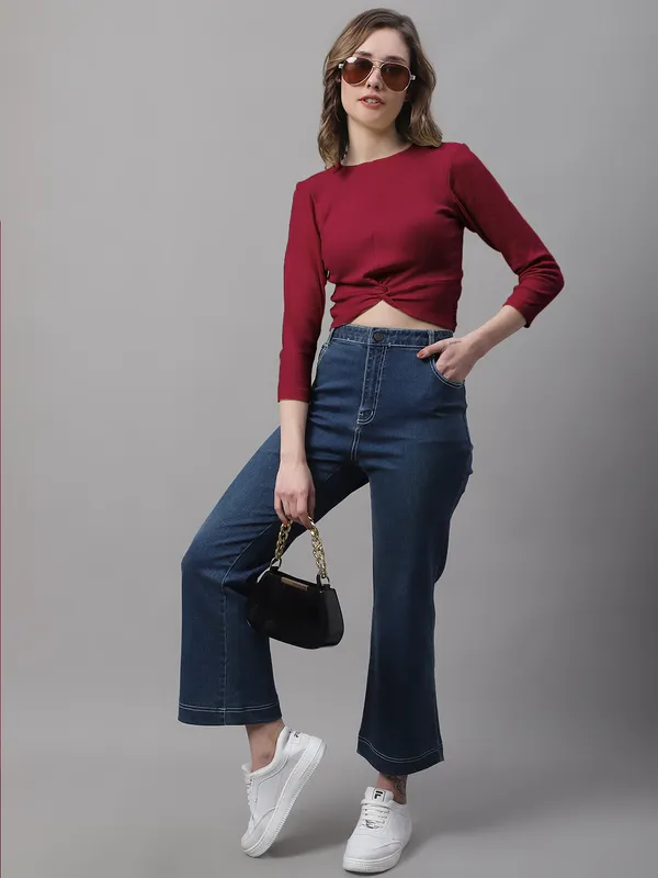 Maroon_Cotton_Rib_Round_Neck_Knot_Top_For_Women