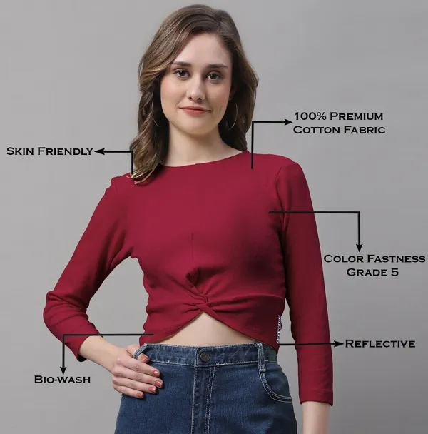 Maroon_Cotton_Rib_Round_Neck_Knot_Top_For_Women