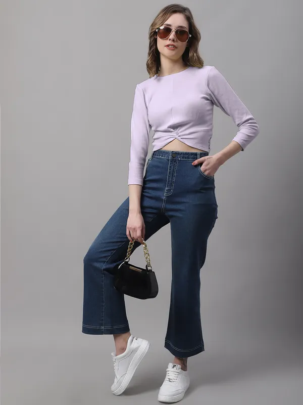 Purple_Cotton_Rib_Round_Neck_Knot_Top_For_Women