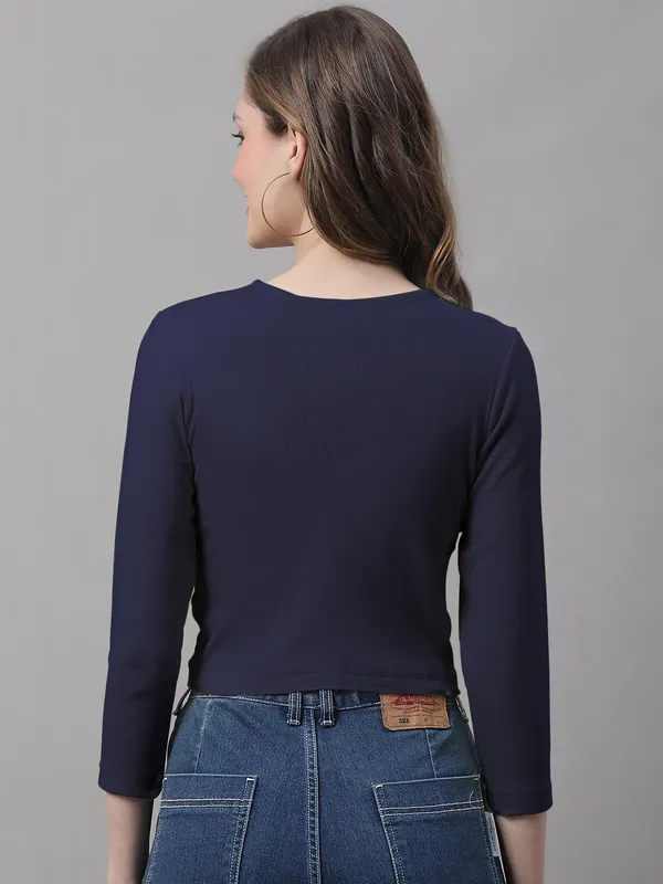 Navy_Cotton_Rib_Round_Neck_Knot_Top_For_Women