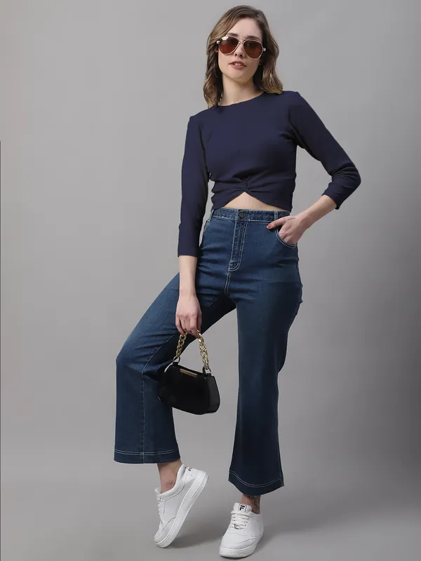 Navy_Cotton_Rib_Round_Neck_Knot_Top_For_Women