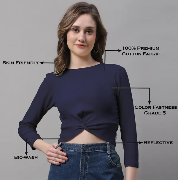 Navy_Cotton_Rib_Round_Neck_Knot_Top_For_Women