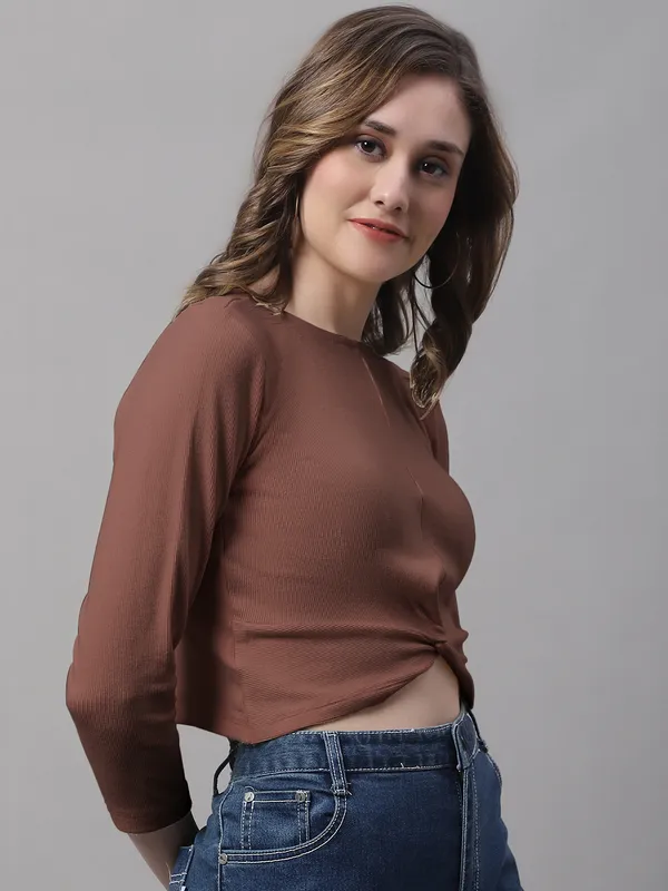 Brown_Cotton_Rib_Round_Neck_Knot_Top_For_Women